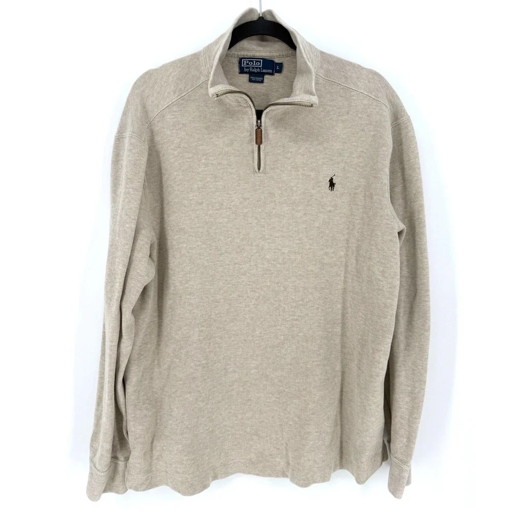 Polo Ralph Lauren Sweater Quarter Zip Large Beige Cotton Ribbed Knit Pullover